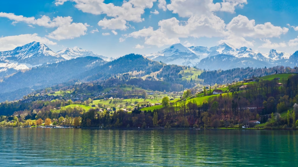bosque verde con varias casas de madera junto a un lago en Suiza durante la primavera