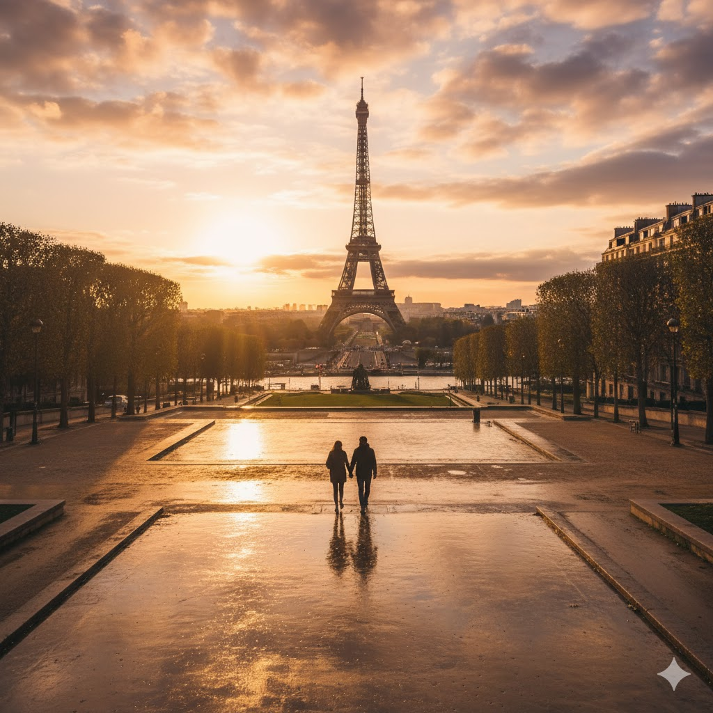 pareja viendo la Torre Eiffel iluminada al atardecer en París