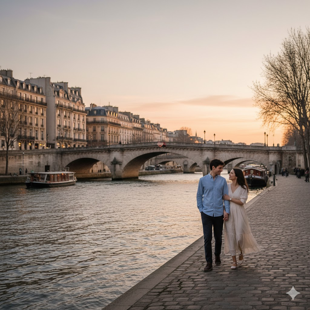 pareja caminando junto al río Sena con monumentos de París