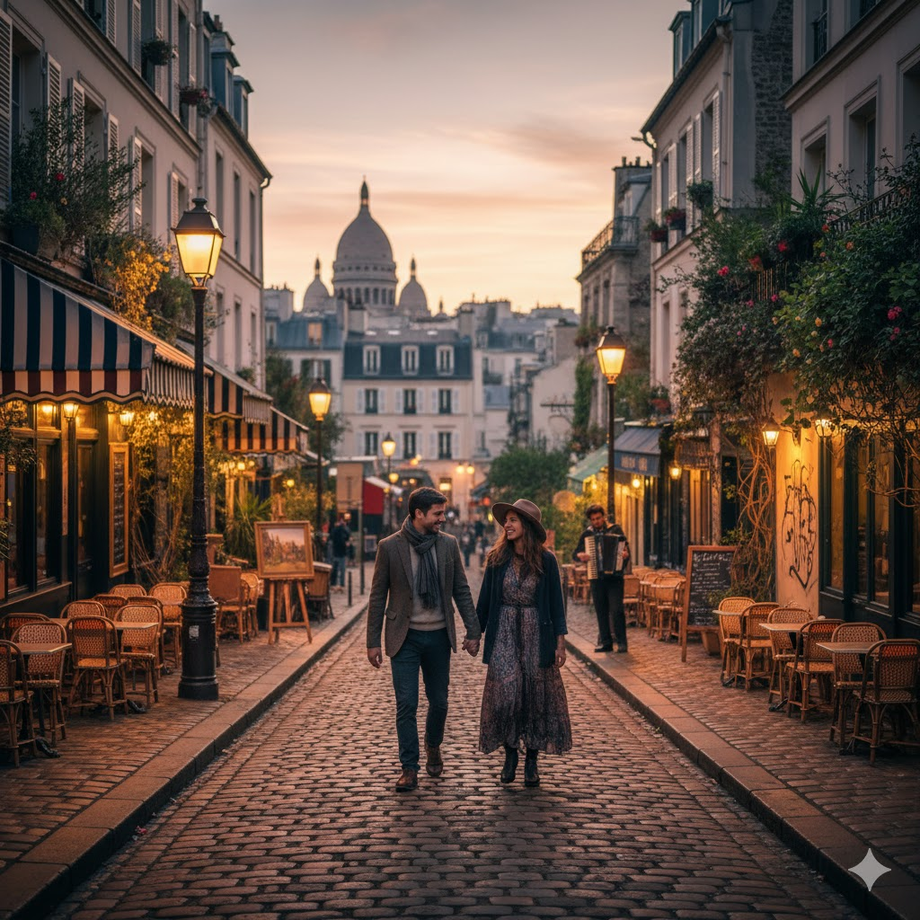 pareja paseando por las calles de Montmartre en París