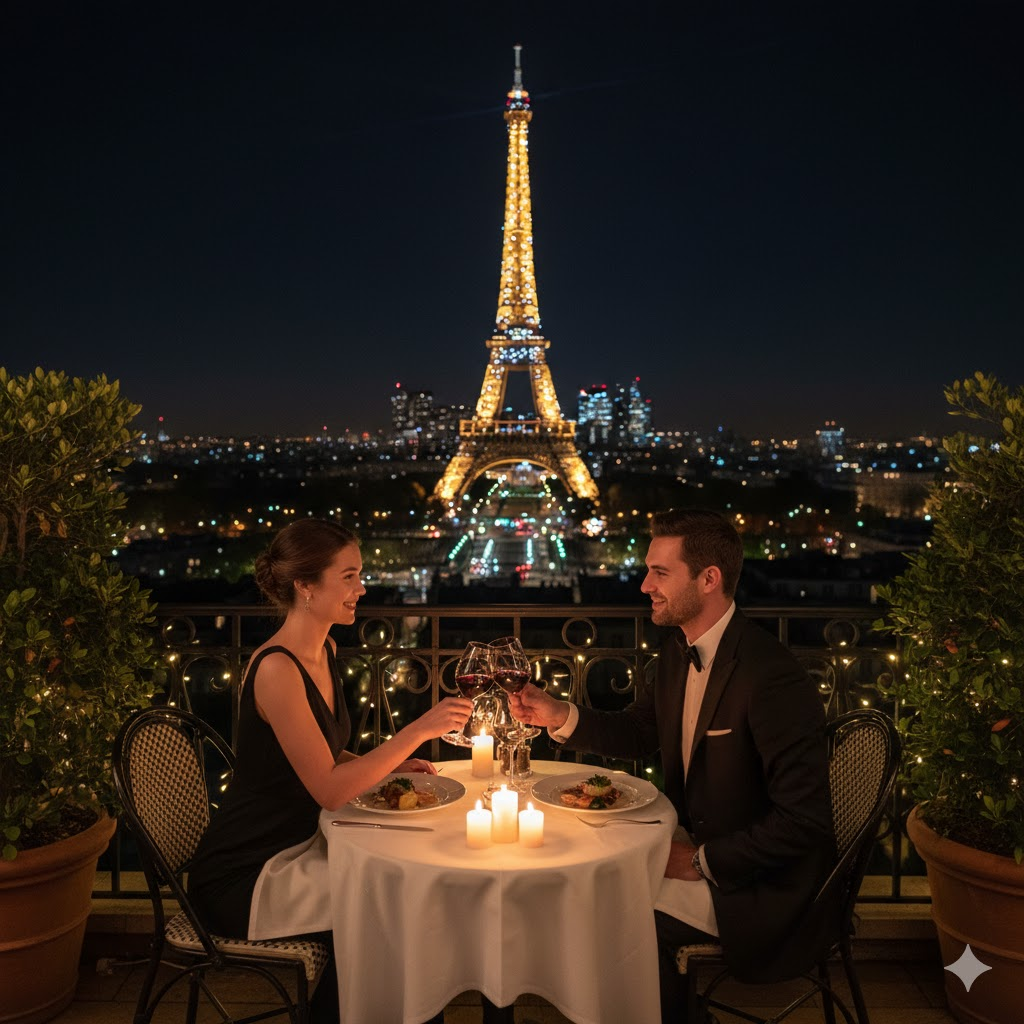 cena romántica con vistas a la Torre Eiffel en París