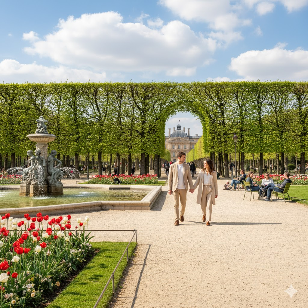 pareja caminando por el Jardín de Luxemburgo en París