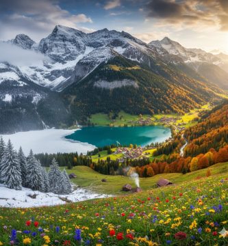 Paisaje de los Alpes suizos en la mejor época para viajar a Suiza, con montañas verdes, cielos despejados y un pequeño pueblo alpino con chalets de madera.