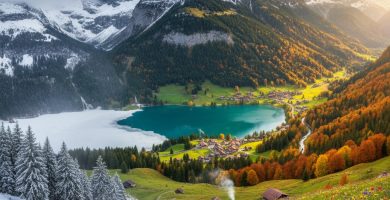 Paisaje de los Alpes suizos en la mejor época para viajar a Suiza, con montañas verdes, cielos despejados y un pequeño pueblo alpino con chalets de madera.