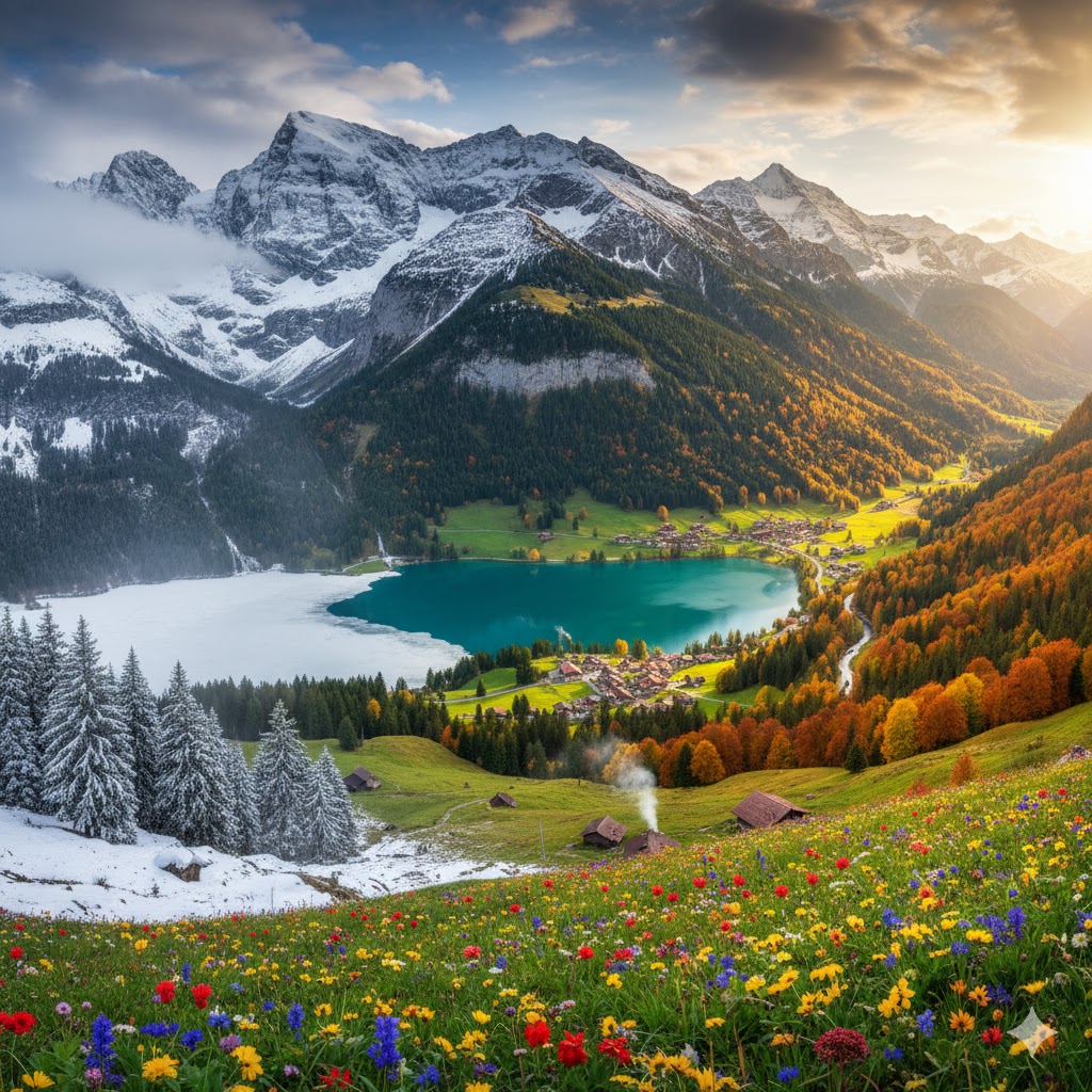 Paisaje de los Alpes suizos en la mejor época para viajar a Suiza, con montañas verdes, cielos despejados y un pequeño pueblo alpino con chalets de madera.